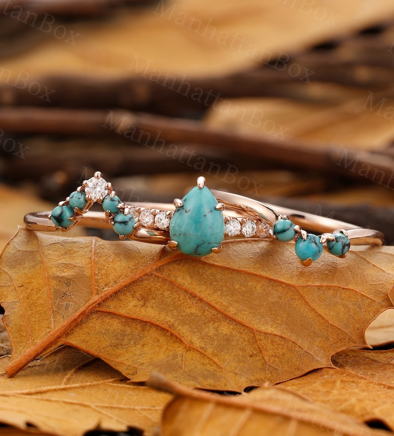 Turquoise Engagement Ring Set Vintage Pear Cut Turquoise Ring Etsy