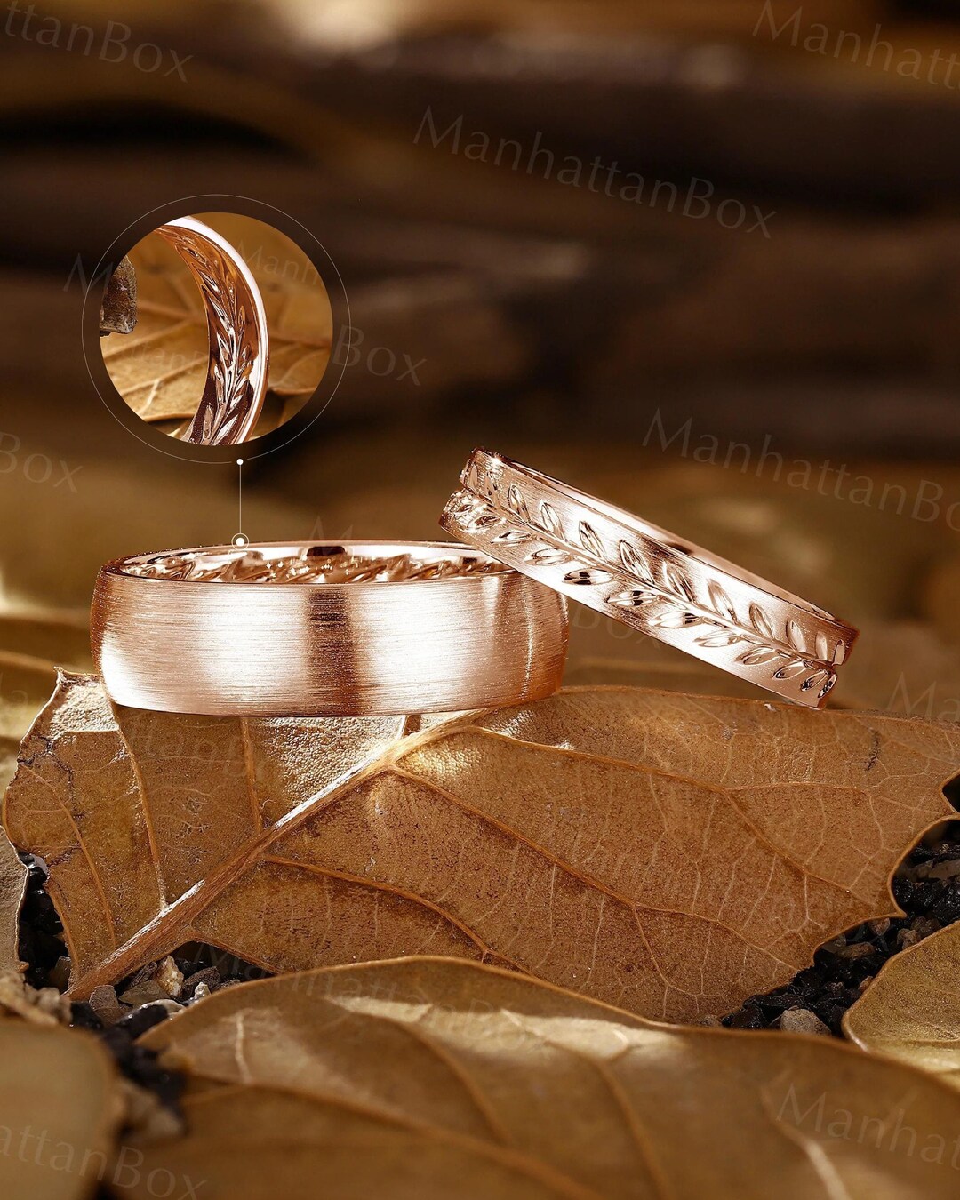 Nature Inspired Brush Finished Wedding Band Vintage Rose Gold