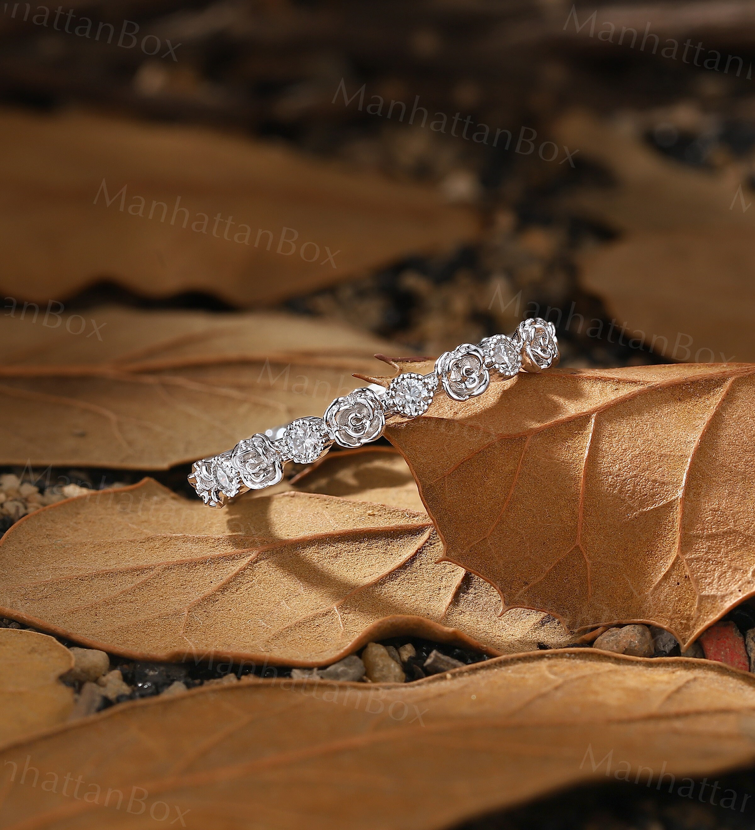 Floral Diamond Wedding Band White Gold Nature Inspired Matching