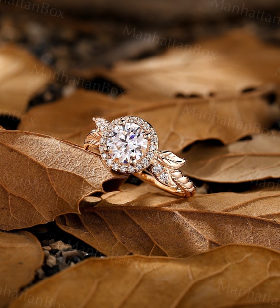 Antique Halo Round Moissanite Engagement Ring Unique Rose Gold
