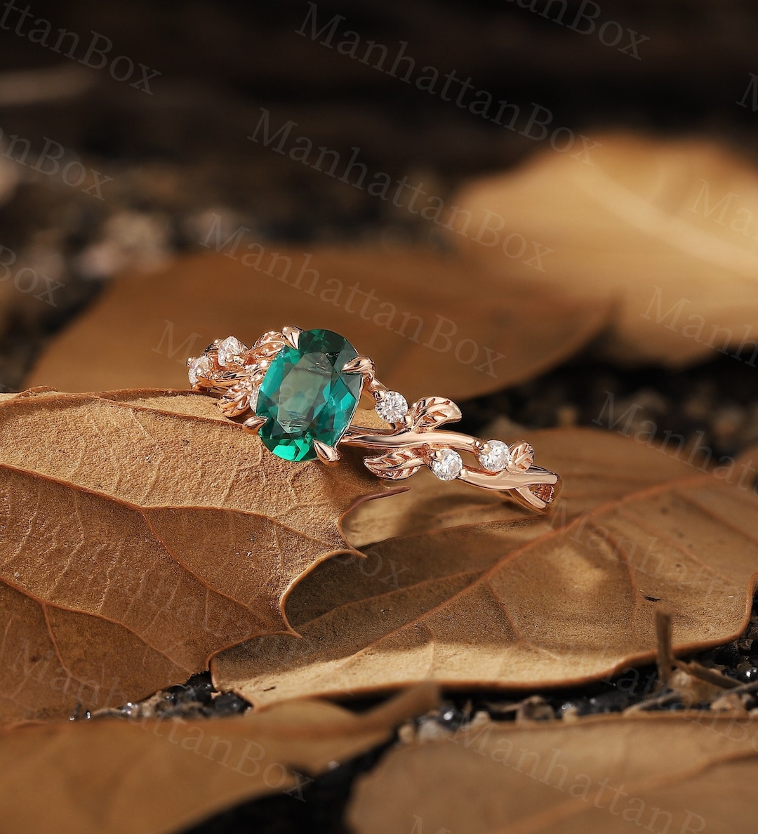 Oval Emerald Engagement Ring - Nature Inspired Unique
