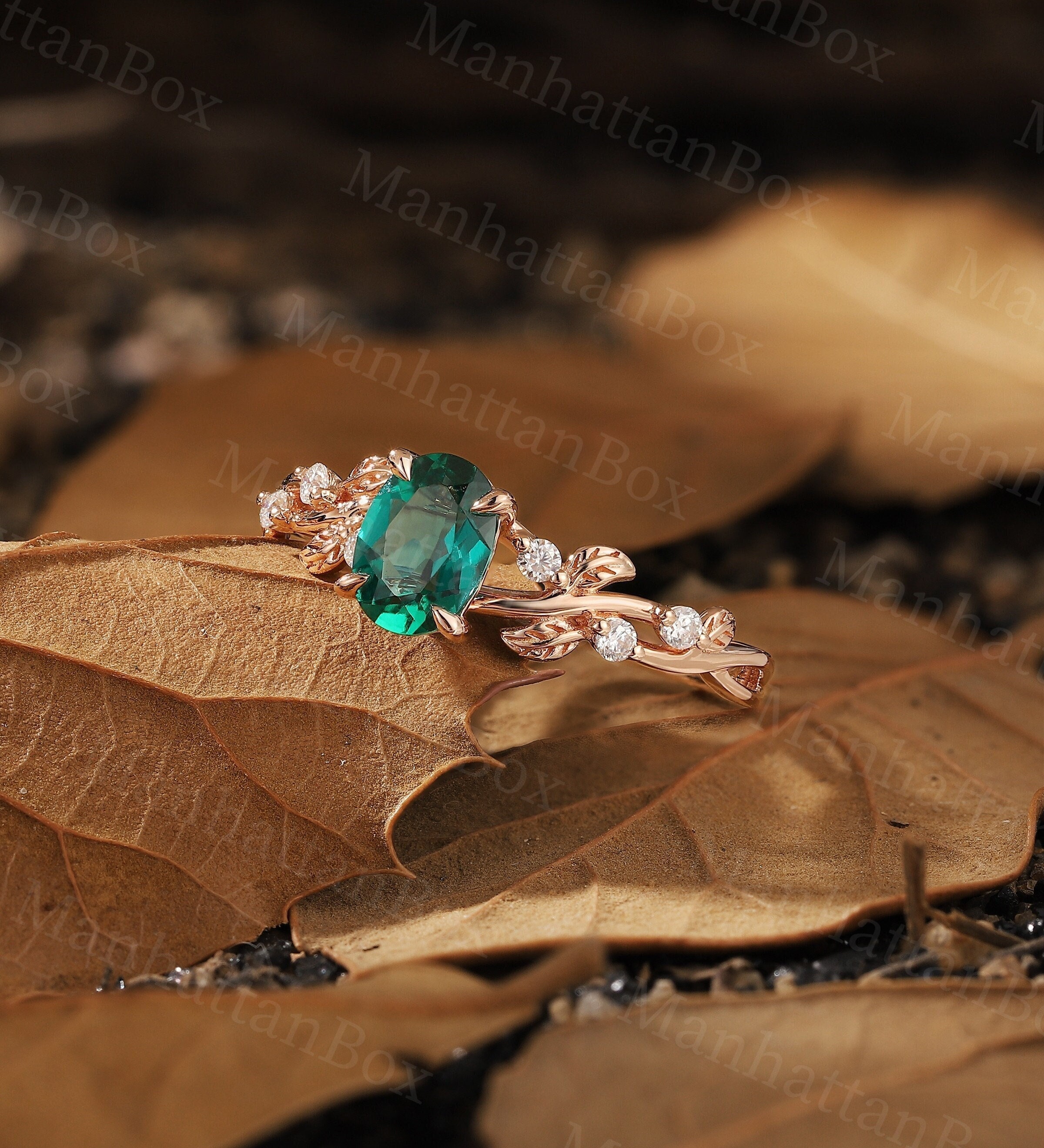 Oval Emerald Engagement Ring - Nature Inspired Unique Fairytale Rose Gold Wedding Ring - Green Tree Leaf Branch Twist Ring by ManhattanBox