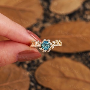 Round Teal Sapphire Twig Engagement Ring Rose Gold Art Deco Leaf Natural Inspired Engagement Ring Floral Ring Antique Wedding Promise Ring image 6