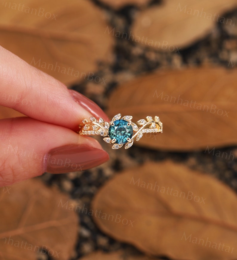 Round Teal Sapphire Twig Engagement Ring Rose Gold Art Deco Leaf Natural Inspired Engagement Ring Floral Ring Antique Wedding Promise Ring image 6