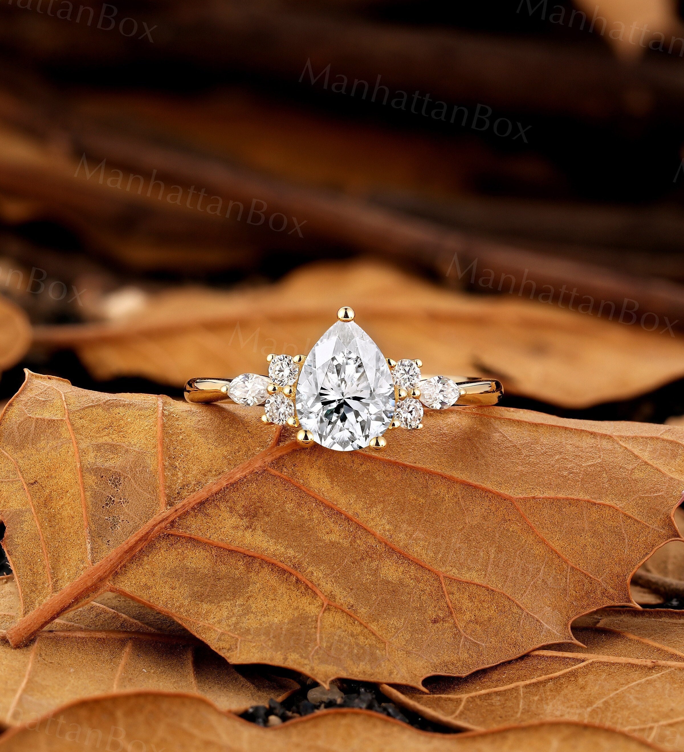 Cluster Pear Moissanite Engagement Ring - Vintage Yellow Gold Diamond Wedding Ring - Unique Tear Drop Bridal Promise Ring by ManhattanBox