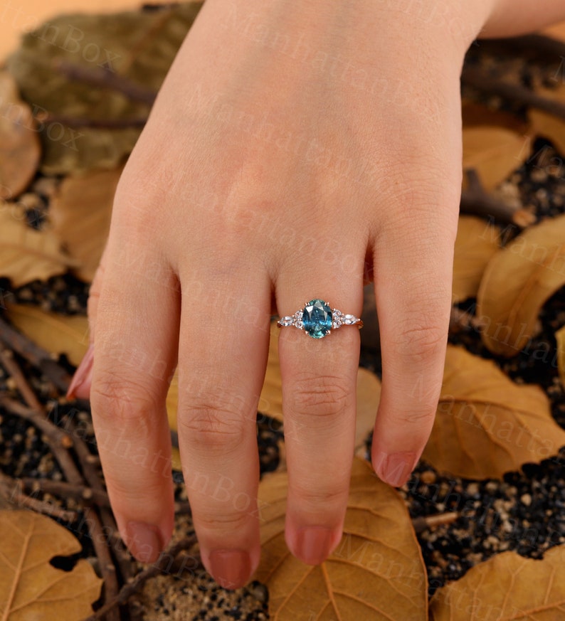 Vintage Teal Sapphire Engagement Ring Oval Cut Antique Rose Gold Peacock Sapphire Wedding Ring Marquise Sky Blue Topaz Anniversary Ring image 5