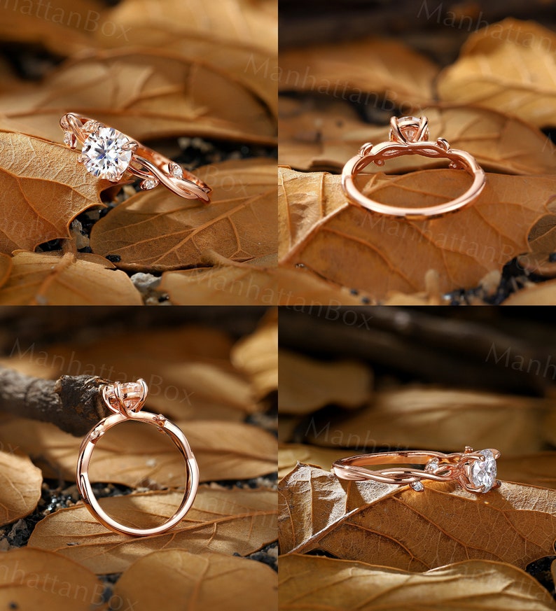 Manhattan Box Round Moissanite Engagement ring Rose gold Twig Diamond Twist ring branch design leaf ring unique anniversary bridal ring imagem 7