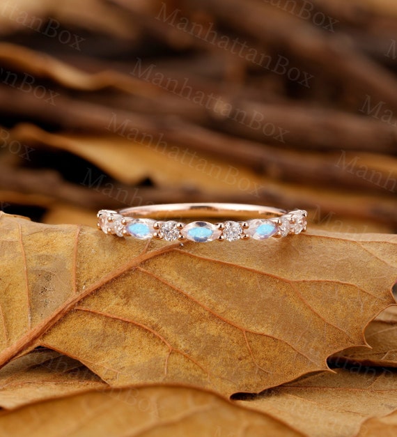 Marquise Moonstone Wedding Band Rose Gold Vintage Round Moissanite