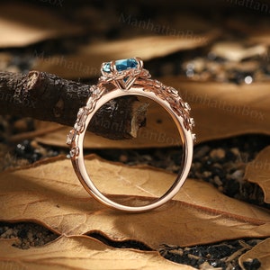 Round Teal Sapphire Twig Engagement Ring Rose Gold Art Deco Leaf Natural Inspired Engagement Ring Floral Ring Antique Wedding Promise Ring image 8