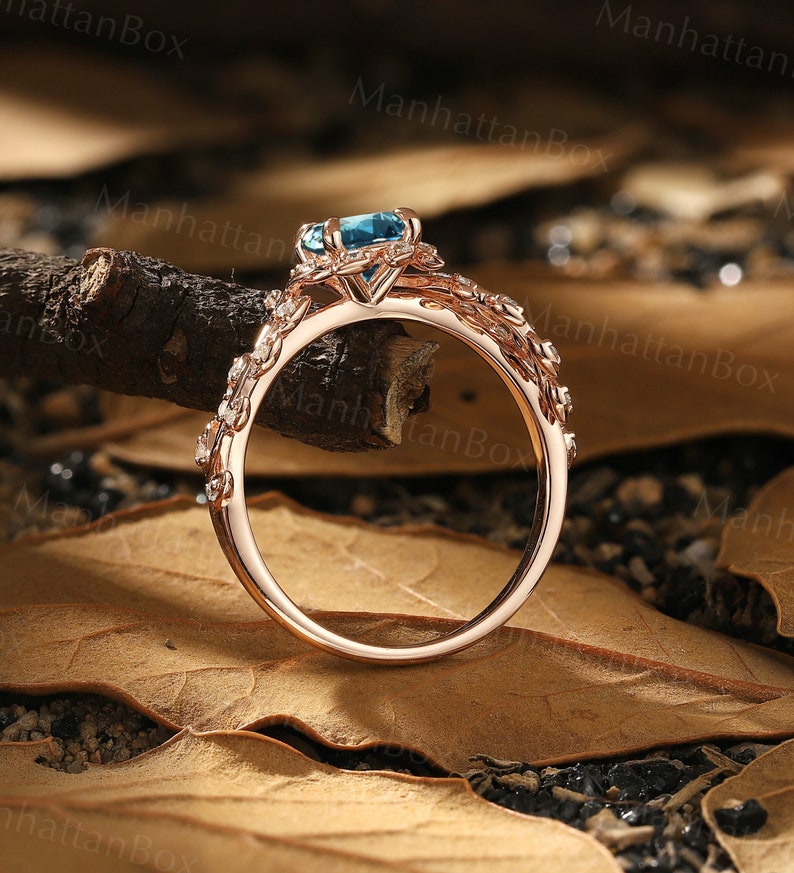 Round Teal Sapphire Twig Engagement Ring Rose Gold Art Deco Leaf Natural Inspired Engagement Ring Floral Ring Antique Wedding Promise Ring image 8