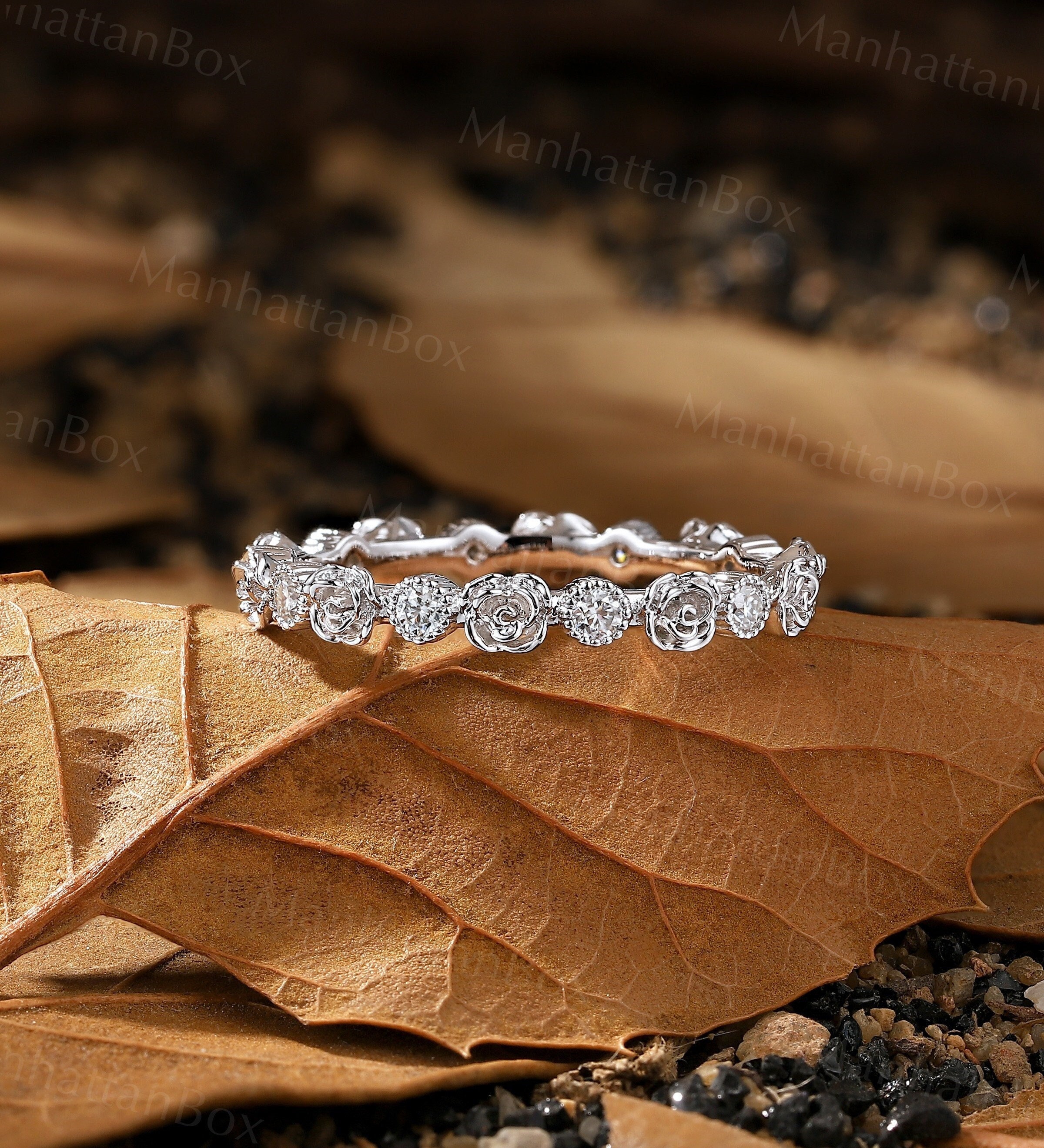 Nature Inspired Diamond Wedding Band White Gold Vintage Floral Matching Wedding  Band Bridal Band Full Eternity Band Anniversary Promise Ring 