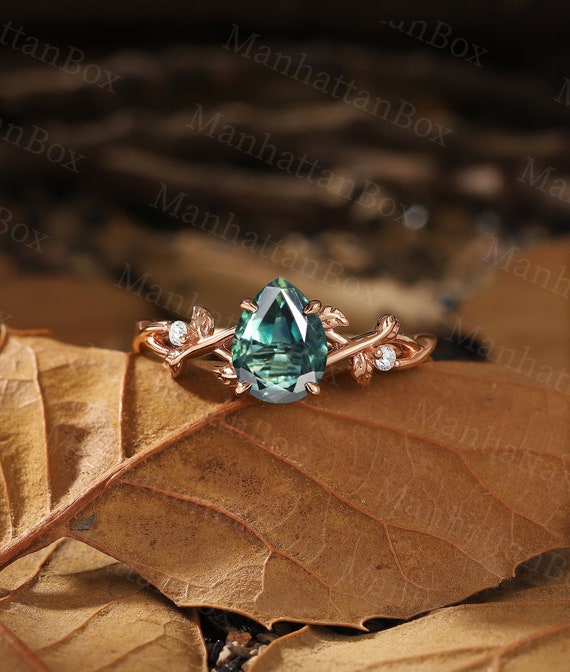 Teardrop Teal Sapphire Engagement Ring Rose Gold Nature Inspired