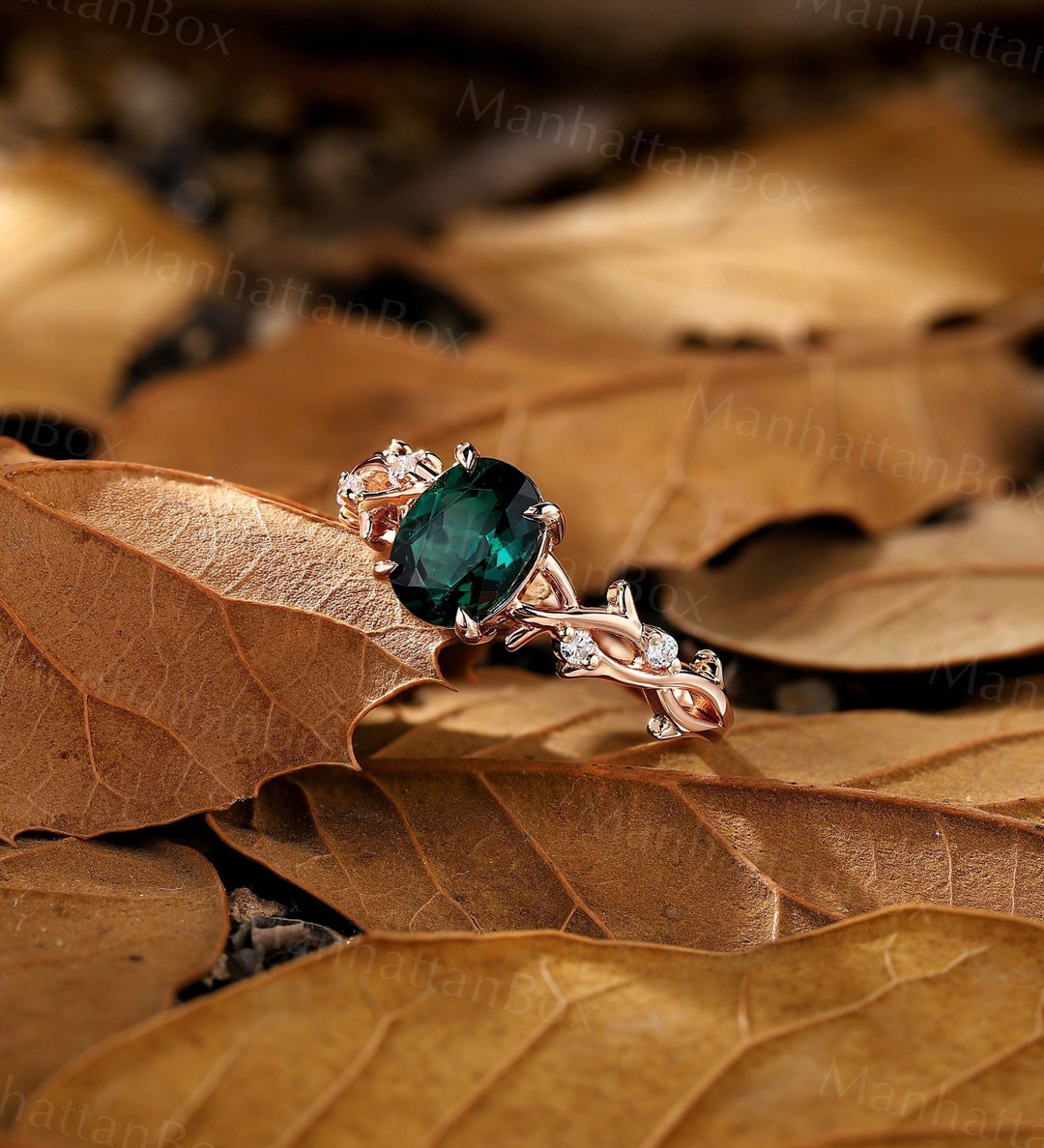 Vintage Emerald Engagement Ring Rose Gold Nature Inspired Diamond Twig  Wedding Ring Antique Twist Branch Promise Ring by Manhattanbox