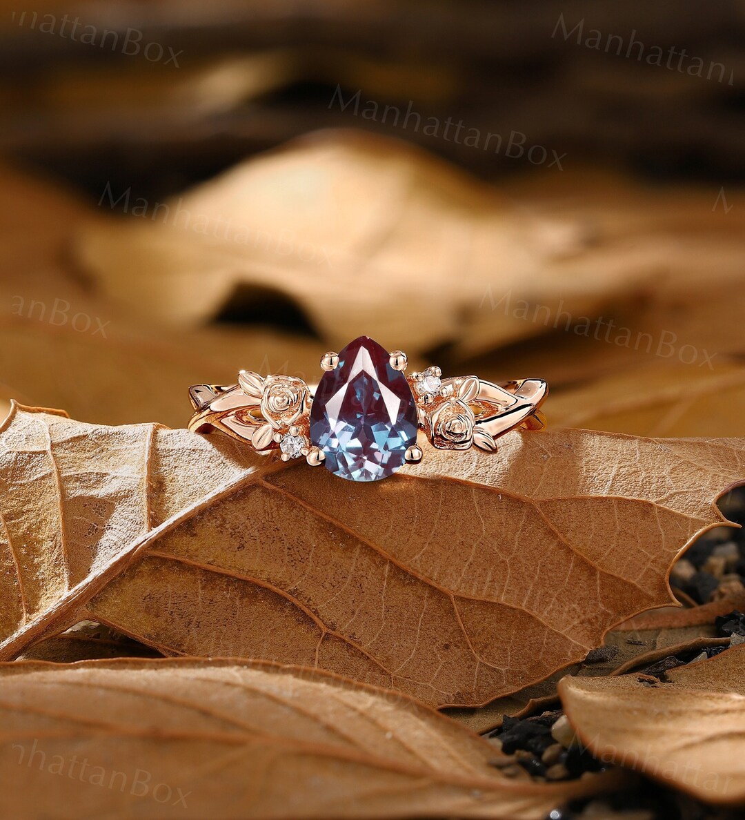 Teardrop Alexandrite Engagement Ring - Nature Inspired Diamond