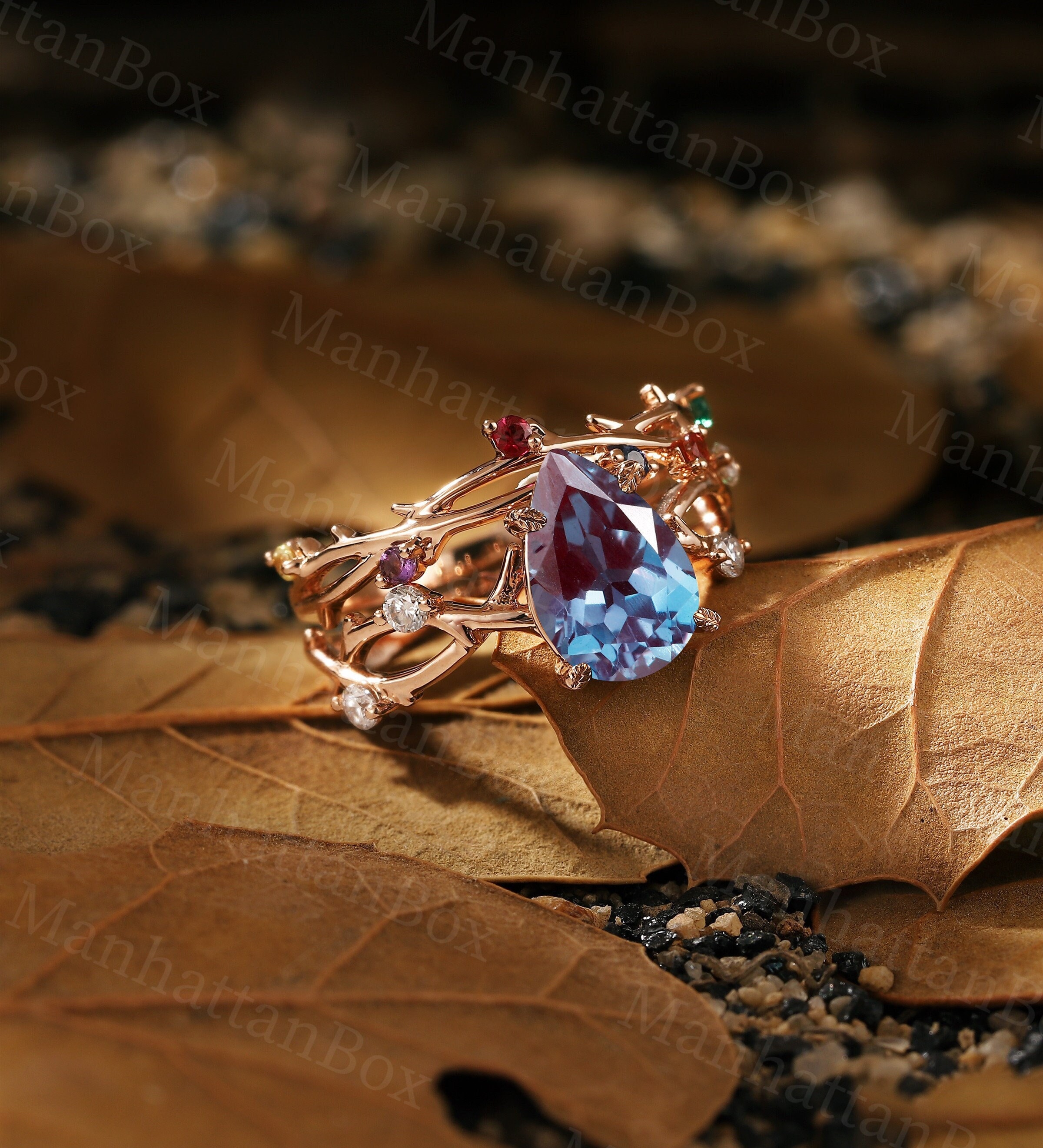 Teardrop Alexandrite Engagement Ring Set Vintage Branch Ring