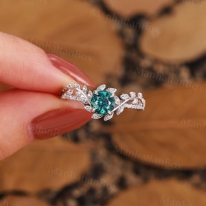 Round Teal Sapphire Twig Engagement Ring Rose Gold Art Deco Leaf Natural Inspired Engagement Ring Floral Ring Antique Wedding Promise Ring image 9