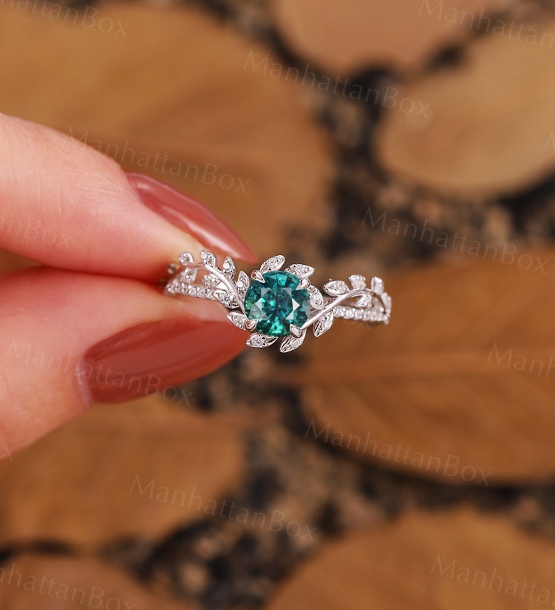 Round Teal Sapphire Twig Engagement Ring Rose Gold Art Deco Leaf Natural Inspired Engagement Ring Floral Ring Antique Wedding Promise Ring image 9