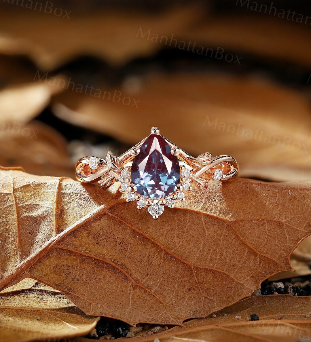 Alexandrite Engagement Ring - Leaf Promise Ring - Twist Wedding