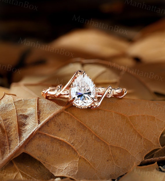 Pear Moissanite Engagement Ring Rose Gold Vintage Branch Design