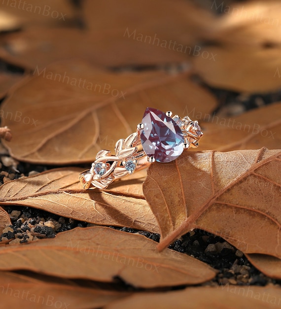 Magical Teardrop Alexandrite Engagement Ring - Rose Gold Handmade