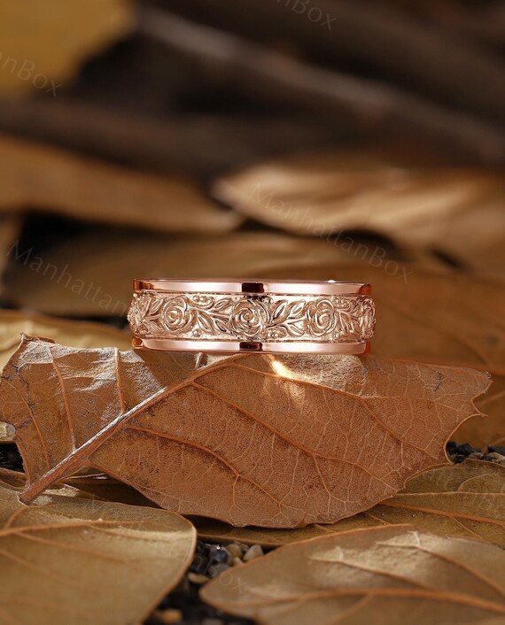 Nature Inspired Floral Wedding Ring Victorian Rose Gold Carved