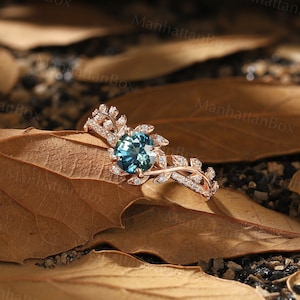 Round Teal Sapphire Twig Engagement Ring Rose Gold Art Deco Leaf Natural Inspired Engagement Ring Floral Ring Antique Wedding Promise Ring image 7