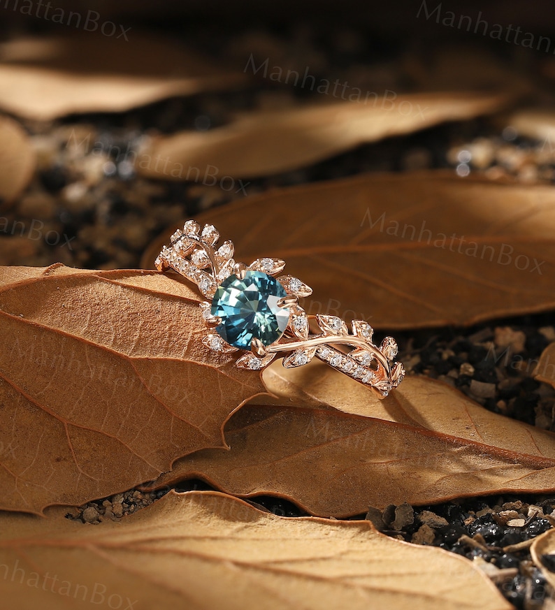 Round Teal Sapphire Twig Engagement Ring Rose Gold Art Deco Leaf Natural Inspired Engagement Ring Floral Ring Antique Wedding Promise Ring image 7