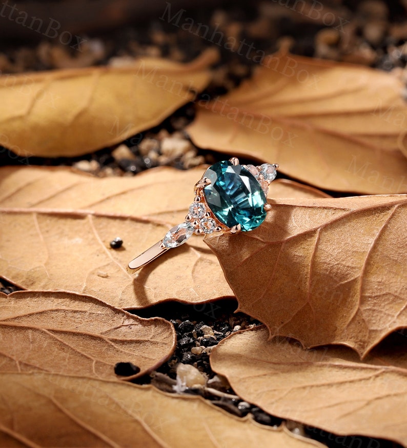 Vintage Teal Sapphire Engagement Ring Oval Cut Antique Rose Gold Peacock Sapphire Wedding Ring Marquise Sky Blue Topaz Anniversary Ring image 8