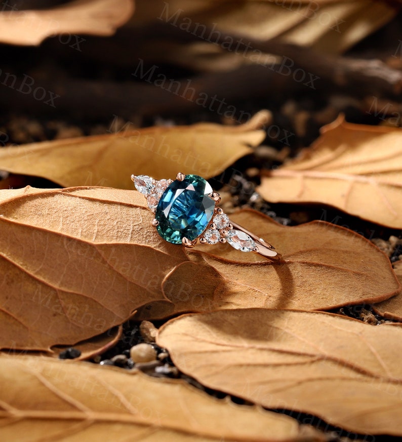 Vintage Teal Sapphire Engagement Ring Oval Cut Antique Rose Gold Peacock Sapphire Wedding Ring Marquise Sky Blue Topaz Anniversary Ring image 1