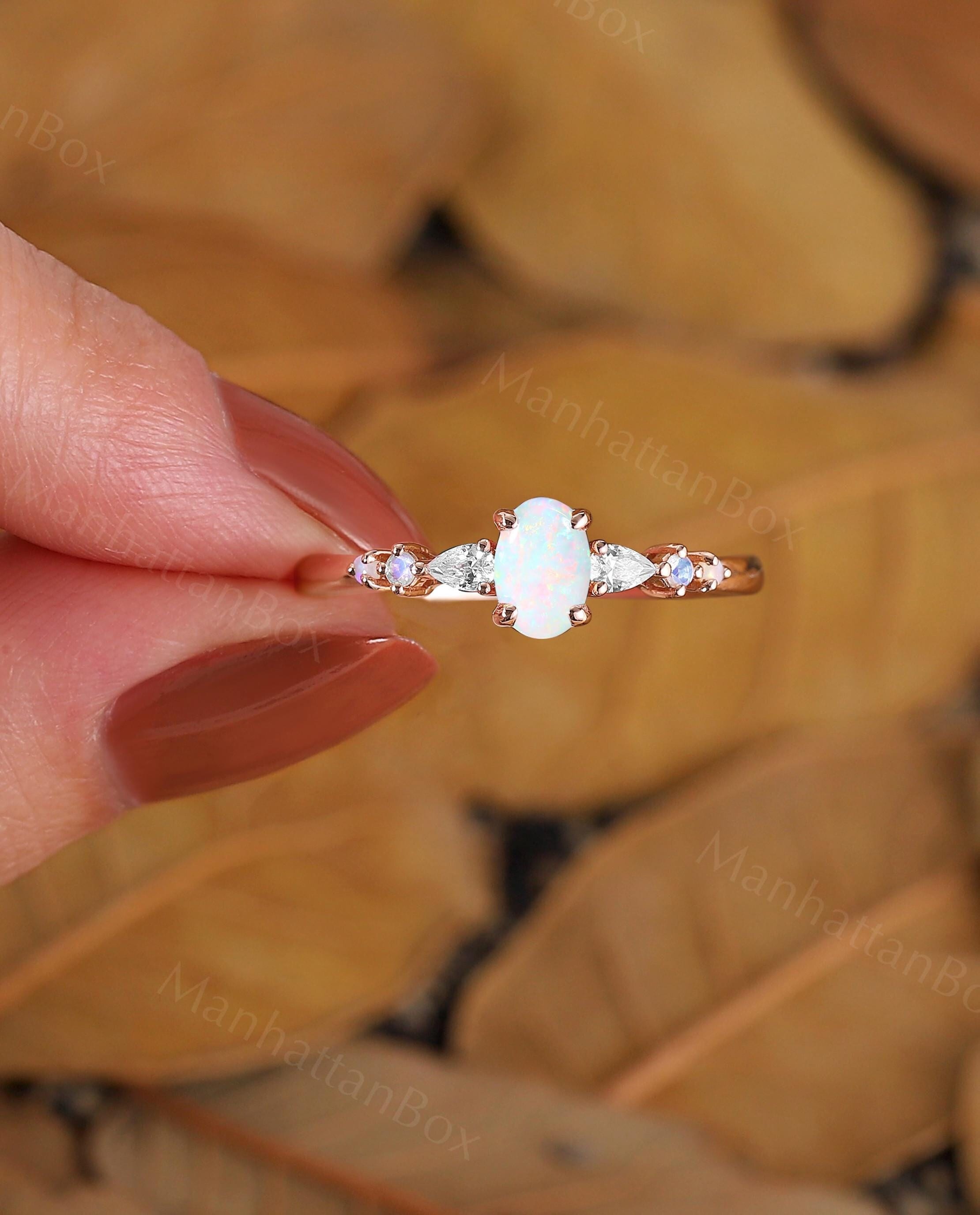 Natural White Opal Engagement Ring - Minimalist Moonstone Rose Gold Promise Ring - Dainty Unique Vintage Wedding Ring by ManhattanBox