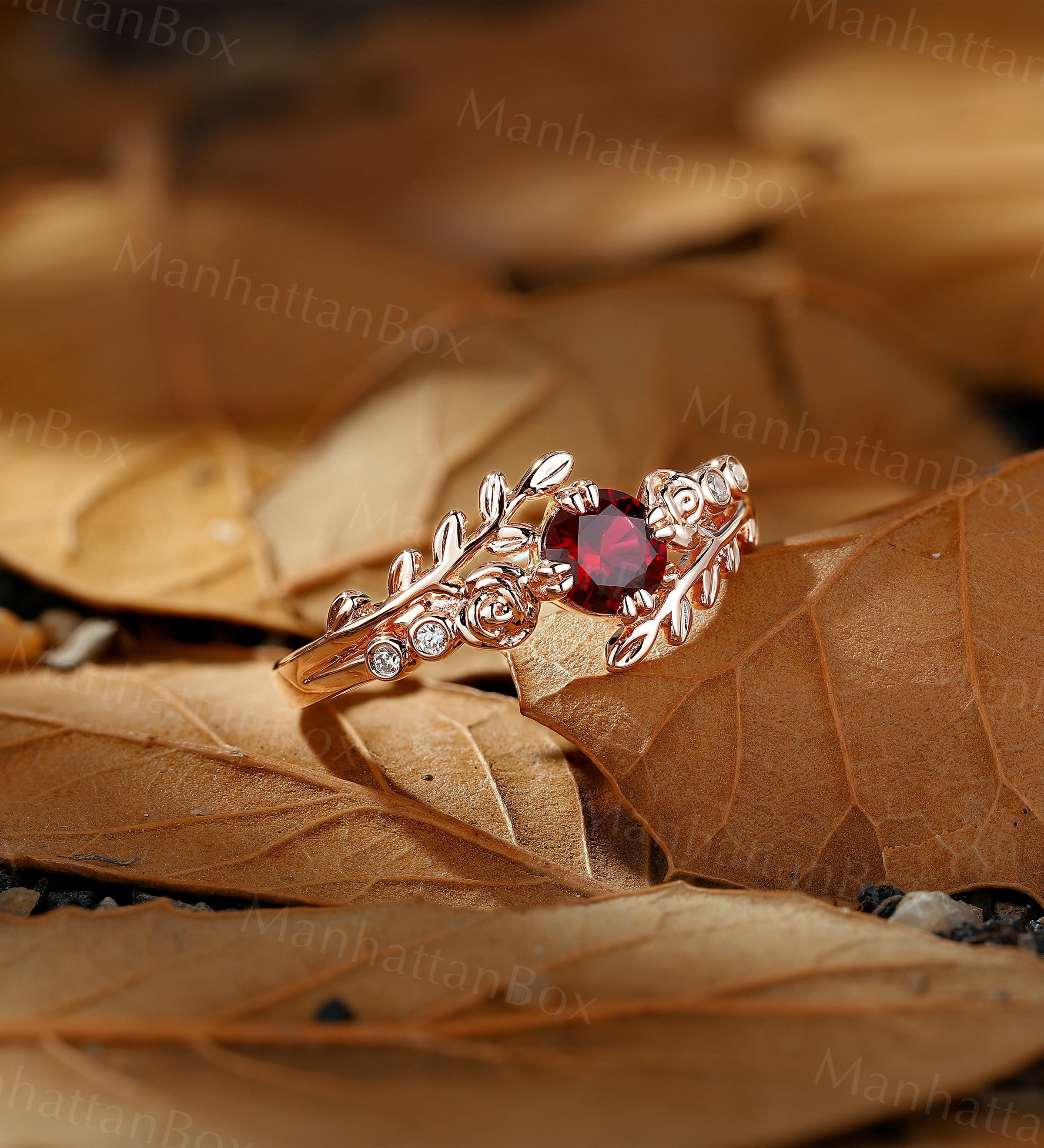 Floral Round Ruby Engagement Ring - Nature Inspired Rose Gold Vintage ...
