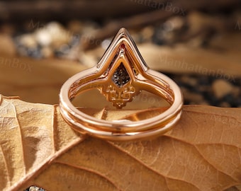 Art Deco Kite Black Rutilated Quartz Engagement Ring Set Rose Gold