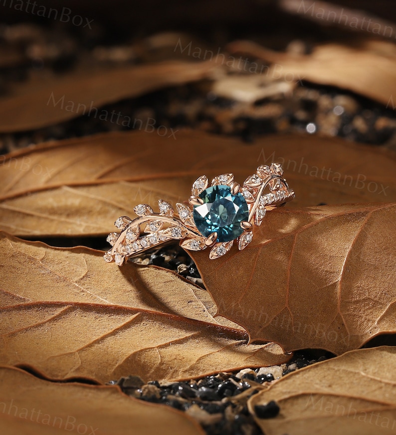 Round Teal Sapphire Twig Engagement Ring Rose Gold Art Deco Leaf Natural Inspired Engagement Ring Floral Ring Antique Wedding Promise Ring image 5