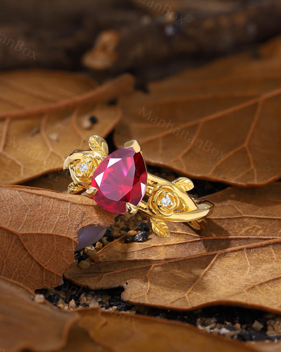 Flower Ruby Engagement Ring - 18K Yellow Gold Floral Branch Leaf ...