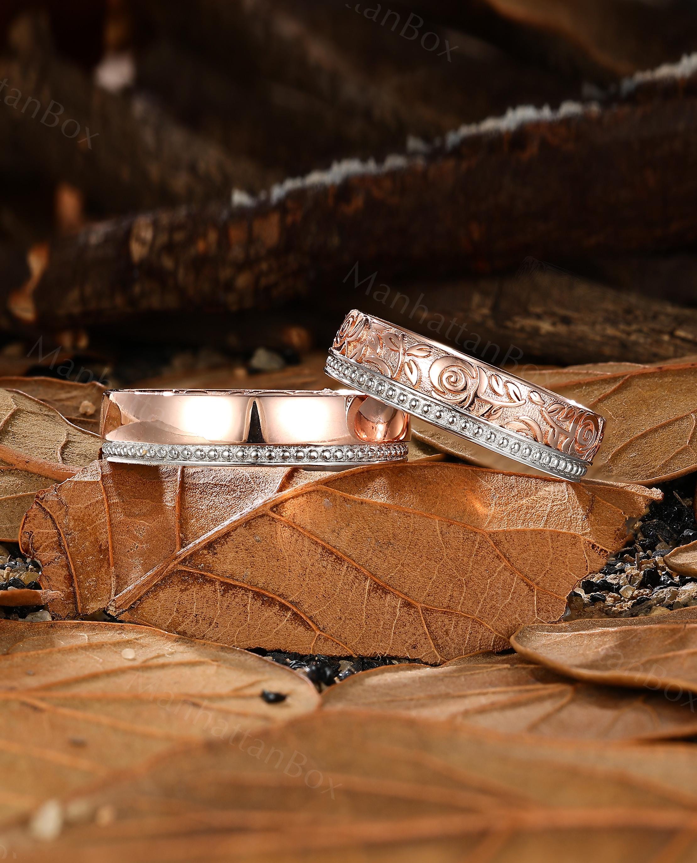 Rose Two Tones Ring Set - Art Carved Couple's Ring - His and Hers