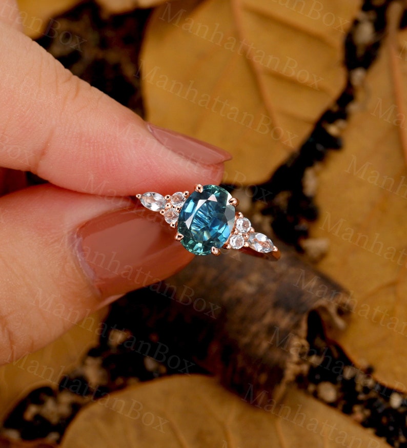 Vintage Teal Sapphire Engagement Ring Oval Cut Antique Rose Gold Peacock Sapphire Wedding Ring Marquise Sky Blue Topaz Anniversary Ring image 4