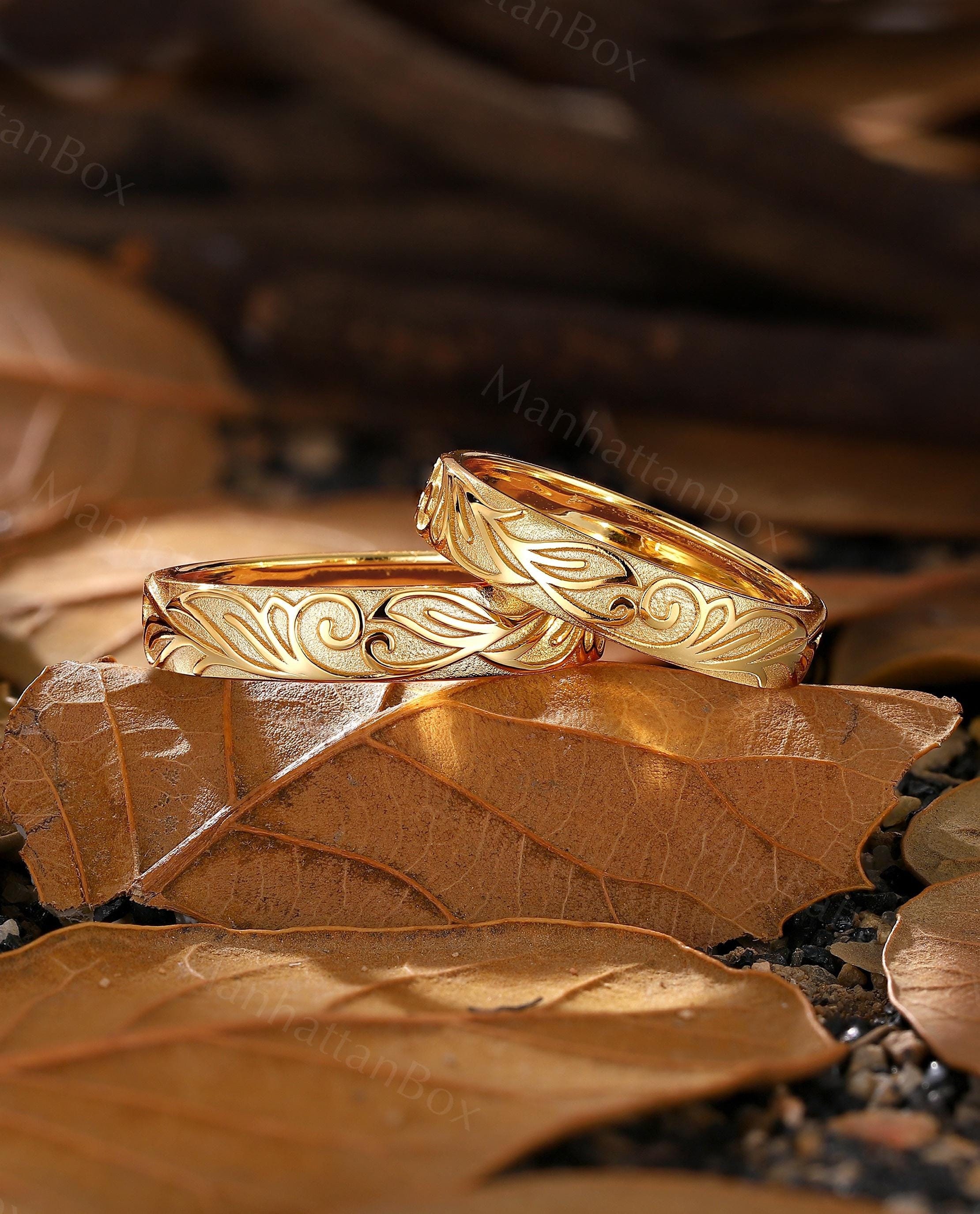 ヴィンテージ 手彫り 結婚指輪 セット - 14K イエローゴールド リーフ