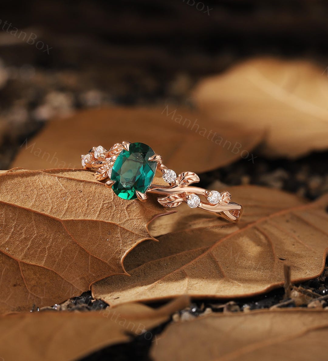 Emerald Engagement Ring - Nature Fairytale Ring - Leaf Branch
