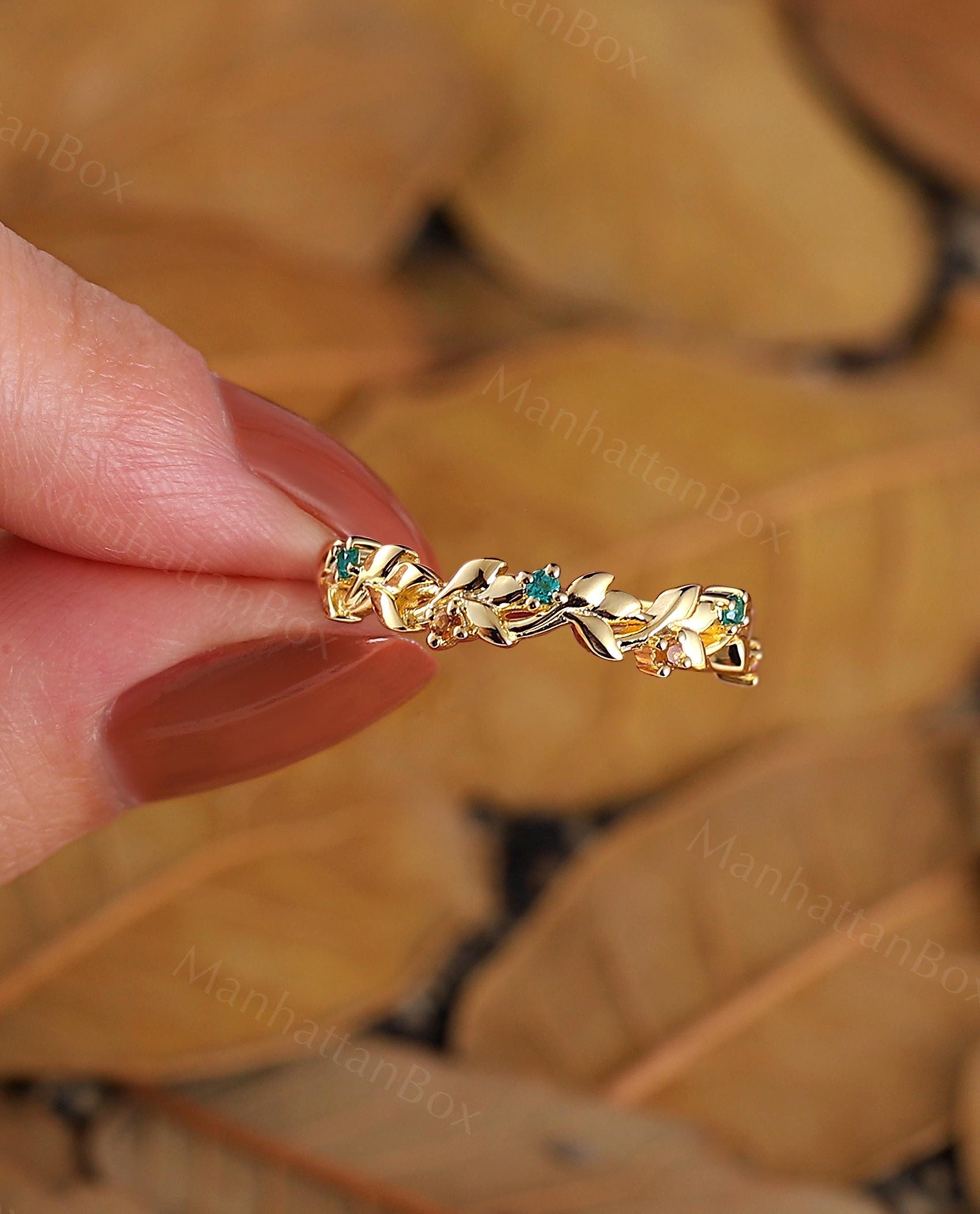 Emerald & Citrine Yellow Gold Wedding Band – Delicate Nature Inspired Leaf Stacking Ring – Unique Matching Promise Ring by ManhattanBox