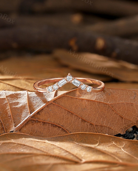 Baguette Moissanite Curved Wedding Band Rose Gold Delicate
