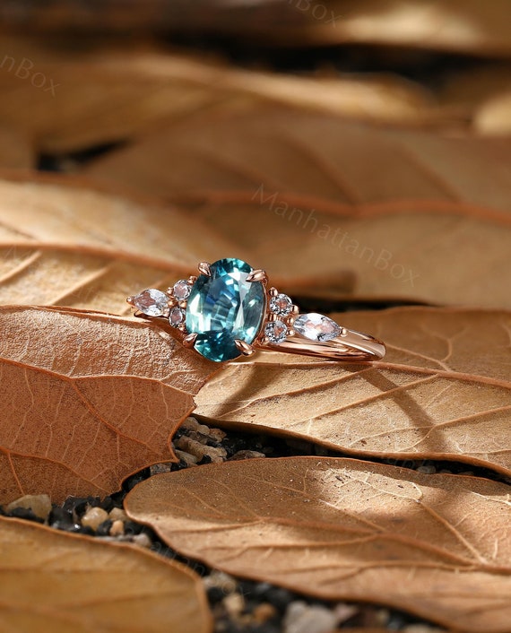 Vintage Teal Sapphire Engagement Ring Rose Gold Peacock Sapphire