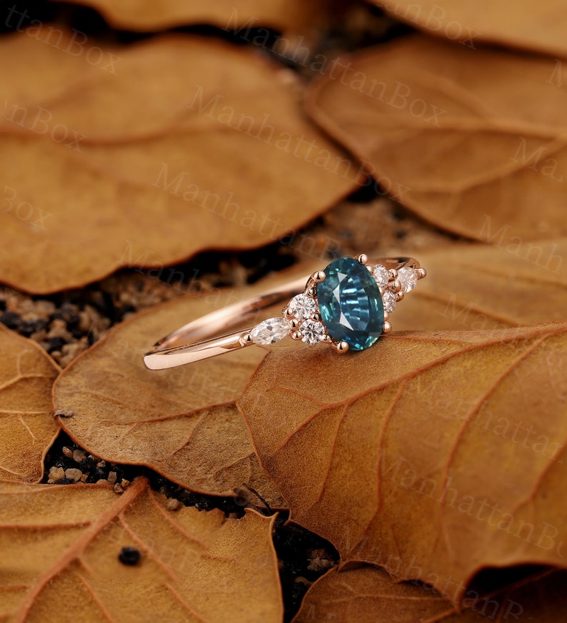 Peacock Sapphire engagement ring vintage Oval cut blue green sapphire rose gold teal sapphire diamond cluster ring moissanite Anniversary image 3