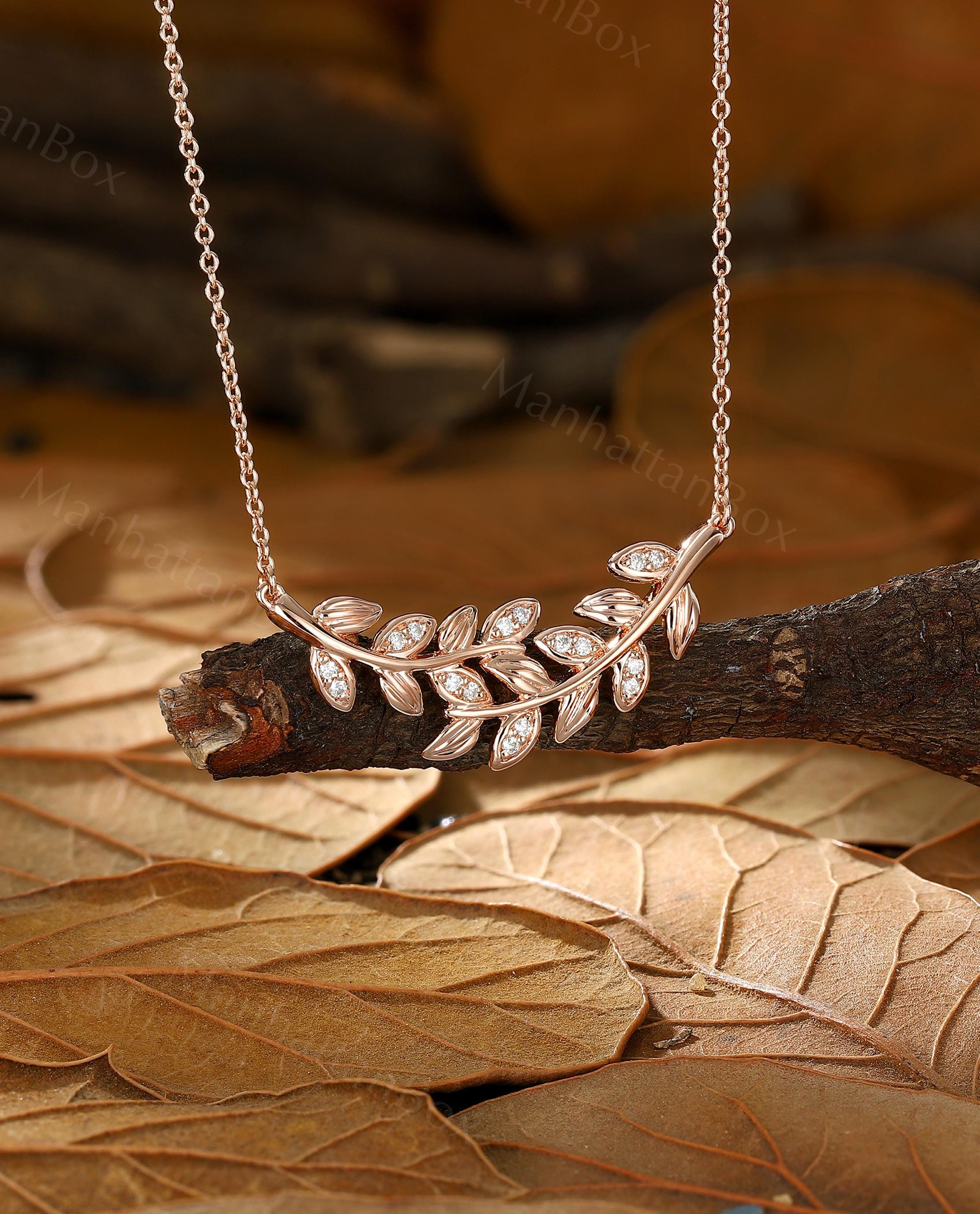 Rose Gold Moissanite Necklace - Mediterranean Olive Branch Pendant - Laurel Leaf Wedding Dainty Chain Birthday Gift for Her by ManhattanBox