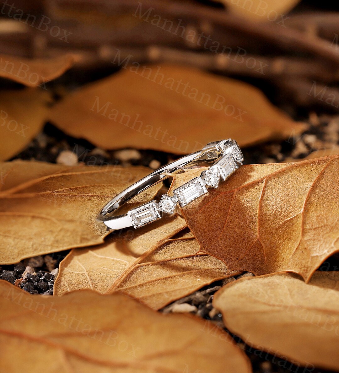 Vintage Moissanite Wedding Band| Art Deco White Gold Band - Technical View