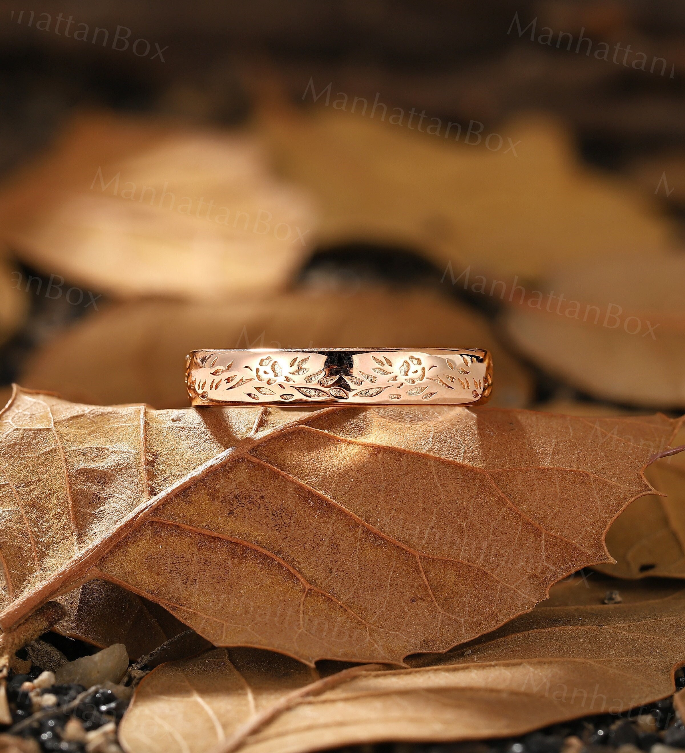 Nature Inspired Rose Gold Plain Wedding Band - Delicate Unisex Anniversary Matching Band - Unique Stackable Promise Ring by ManhattanBox