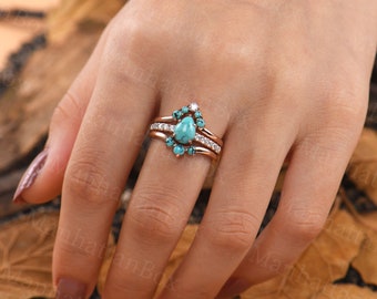 3PCS Turquoise engagement ring set vintage pear shape ring rose gold band art deco moissanite/diamond ring Unique bridal setAnniversary ring