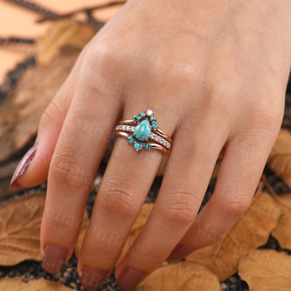3PCS Turquoise Engagement Ring Set Vintage Pear Cut Ring Rose Gold Band Art Deco Moissanite/Diamond Ring Unique Bridal Set Anniversary Ring