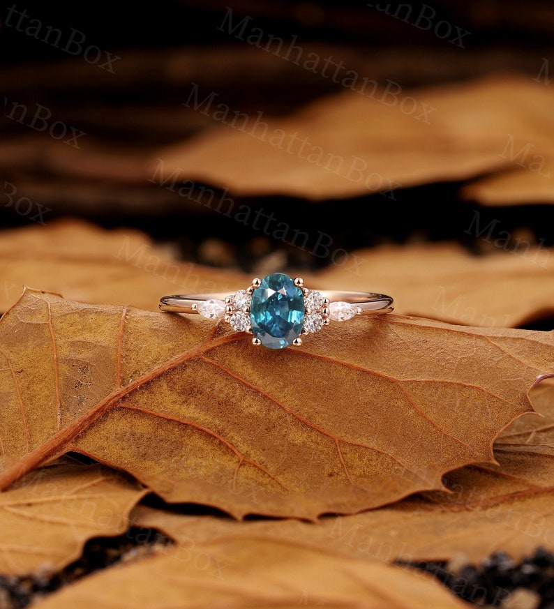 Peacock Sapphire engagement ring vintage Oval cut blue green sapphire rose gold teal sapphire diamond cluster ring moissanite Anniversary image 7