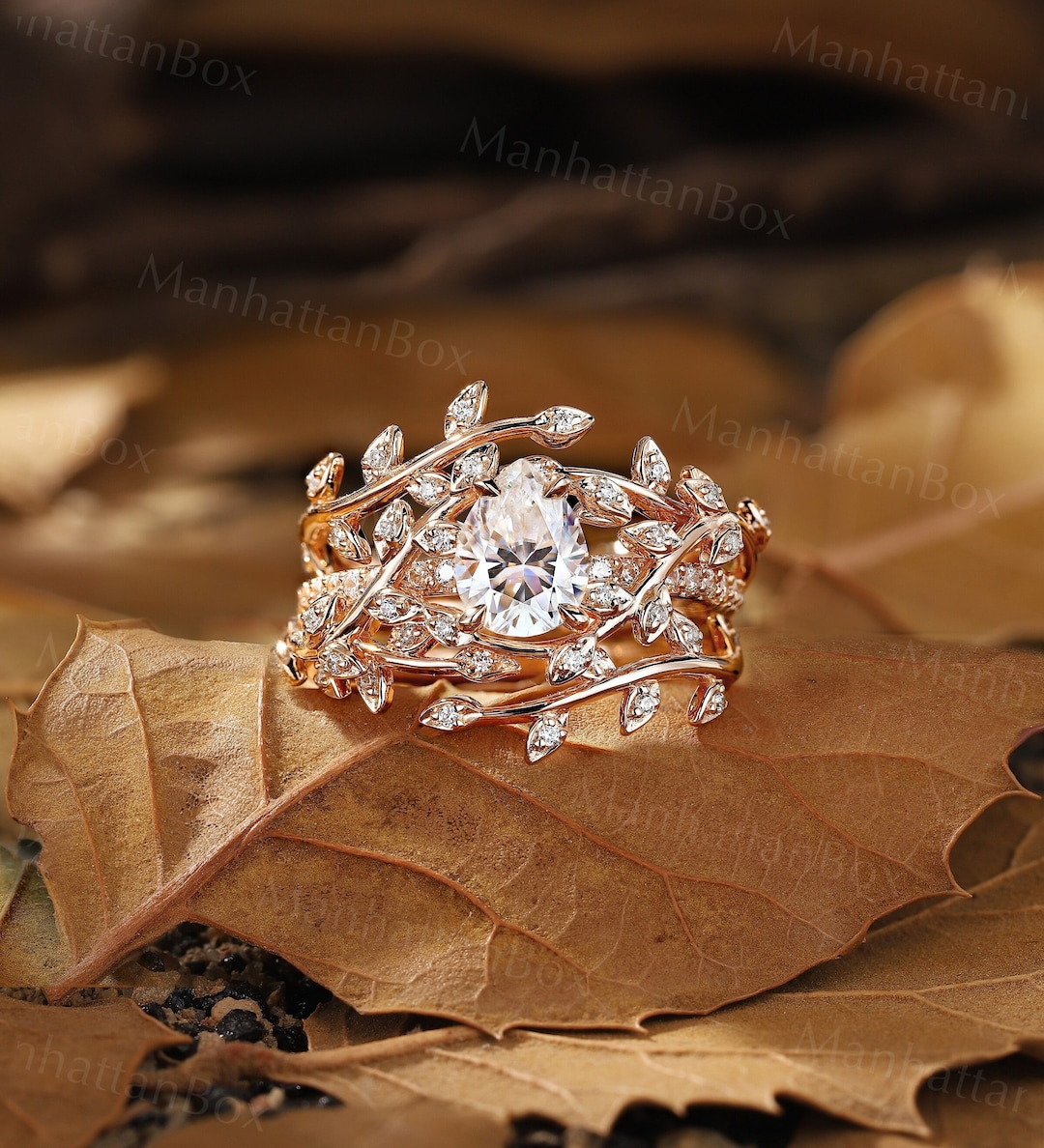 Nature Inspired Moissanite Engagement Ring Set - Olive Vine Leaf