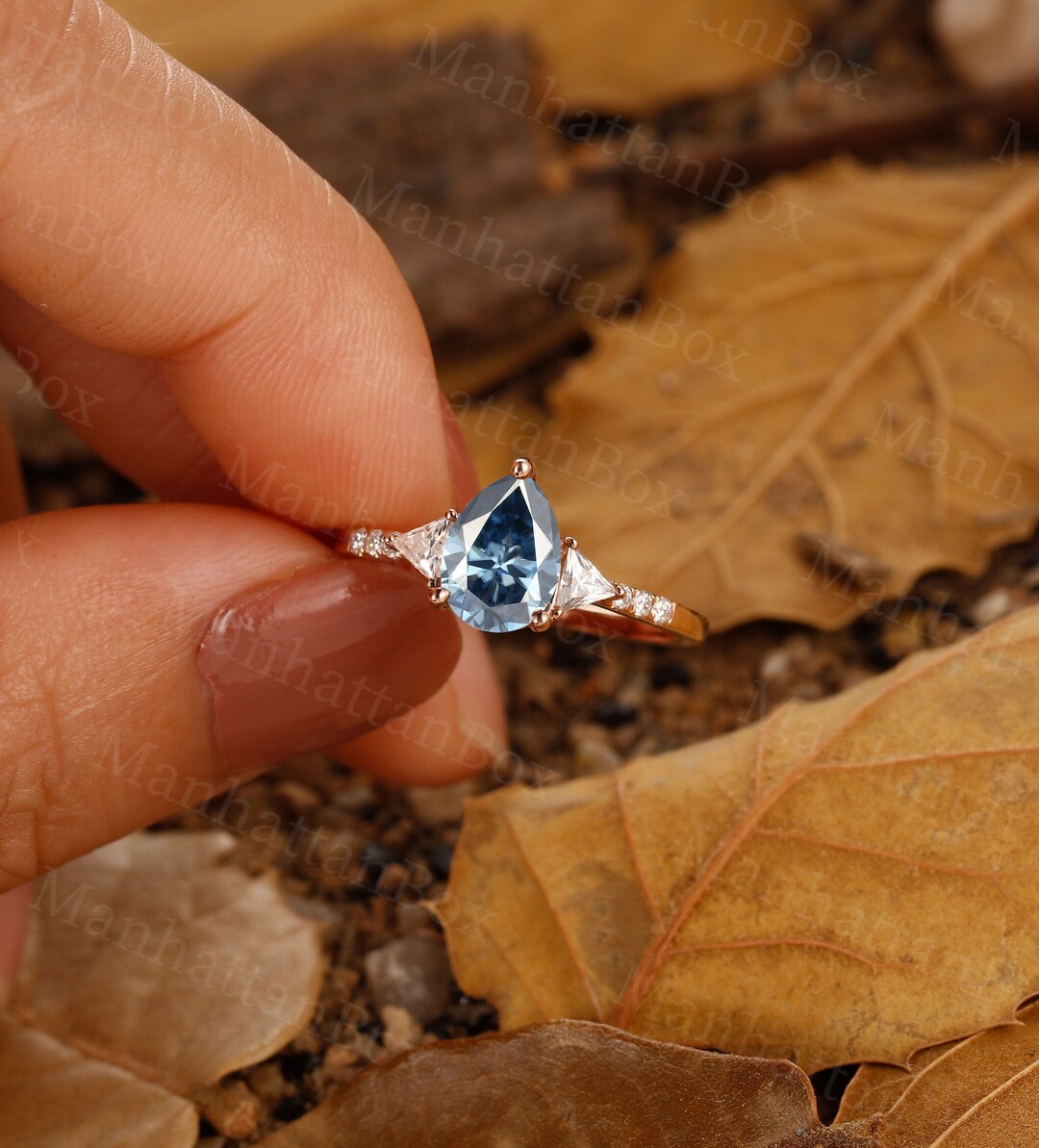 Pear Cut Blue Grey Moissanite Engagement Ring Rose Gold Antique ...